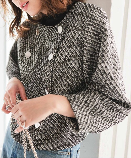 KOBE LETTUCE（コウベレタス）の「ボリュームスリーブショート丈ツイードジャケット（ノーカラージャケット・レディース・ホワイト/ブラック/ブラック系その他・M）」の7枚目の写真