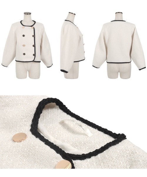 KOBE LETTUCE（コウベレタス）の「ボリュームスリーブショート丈ツイードジャケット（ノーカラージャケット・レディース・ホワイト/ブラック/ブラック系その他・M）」の8枚目の写真