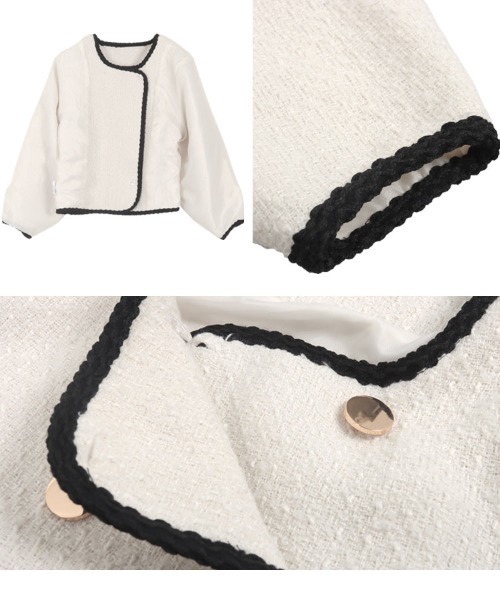 KOBE LETTUCE（コウベレタス）の「ボリュームスリーブショート丈ツイードジャケット（ノーカラージャケット・レディース・ホワイト/ブラック/ブラック系その他・M）」の9枚目の写真