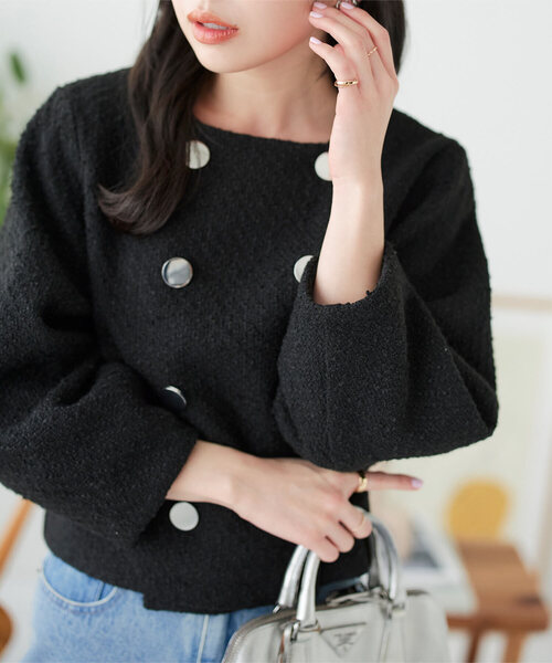 KOBE LETTUCE（コウベレタス）の「ボリュームスリーブショート丈ツイードジャケット（ノーカラージャケット・レディース・ホワイト/ブラック/ブラック系その他・M）」の14枚目の写真