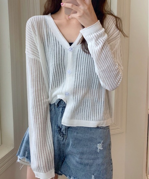 kirakiraShop(キラキラショップ)の「【夏の羽織りに】【着回し万能】メッシュ ニット ショート丈 カーディガン(カーディガン/ボレロ・レディース・ブラック/ブルー/オレンジ/パープル/ホワイト・FREE)」の2枚目の写真
