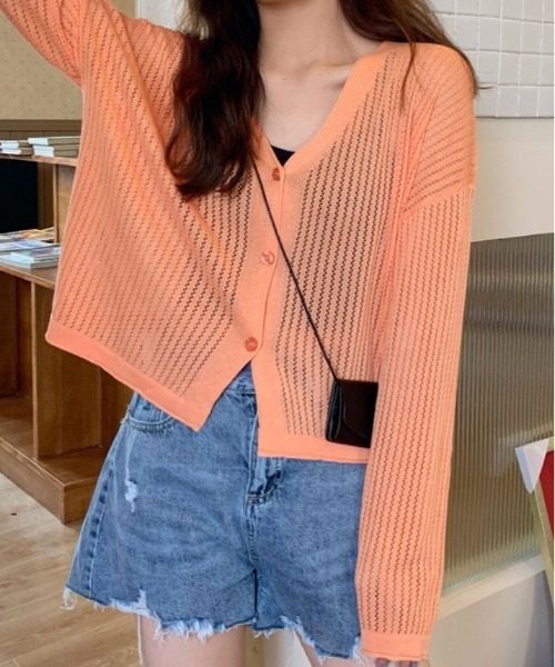 kirakiraShop(キラキラショップ)の「【夏の羽織りに】【着回し万能】メッシュ ニット ショート丈 カーディガン(カーディガン/ボレロ・レディース・ブラック/ブルー/オレンジ/パープル/ホワイト・FREE)」の5枚目の写真