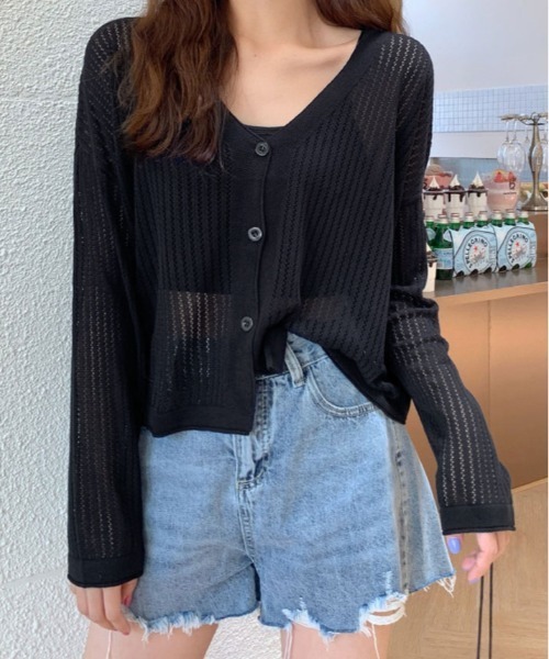 kirakiraShop(キラキラショップ)の「【夏の羽織りに】【着回し万能】メッシュ ニット ショート丈 カーディガン(カーディガン/ボレロ・レディース・ブラック/ブルー/オレンジ/パープル/ホワイト・FREE)」の3枚目の写真