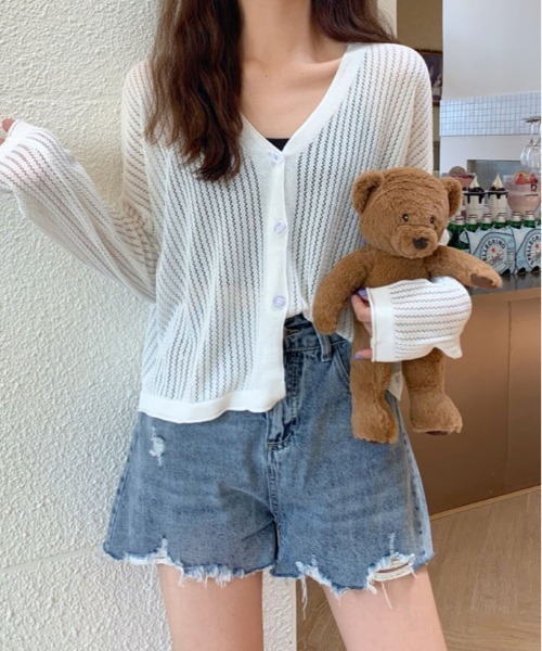 kirakiraShop(キラキラショップ)の「【夏の羽織りに】【着回し万能】メッシュ ニット ショート丈 カーディガン(カーディガン/ボレロ・レディース・ブラック/ブルー/オレンジ/パープル/ホワイト・FREE)」の11枚目の写真