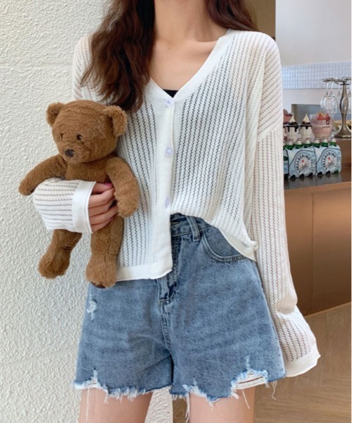 kirakiraShop(キラキラショップ)の「【夏の羽織りに】【着回し万能】メッシュ ニット ショート丈 カーディガン(カーディガン/ボレロ・レディース・ブラック/ブルー/オレンジ/パープル/ホワイト・FREE)」の12枚目の写真