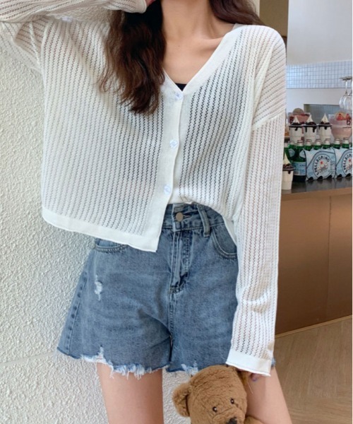 kirakiraShop(キラキラショップ)の「【夏の羽織りに】【着回し万能】メッシュ ニット ショート丈 カーディガン(カーディガン/ボレロ・レディース・ブラック/ブルー/オレンジ/パープル/ホワイト・FREE)」の13枚目の写真