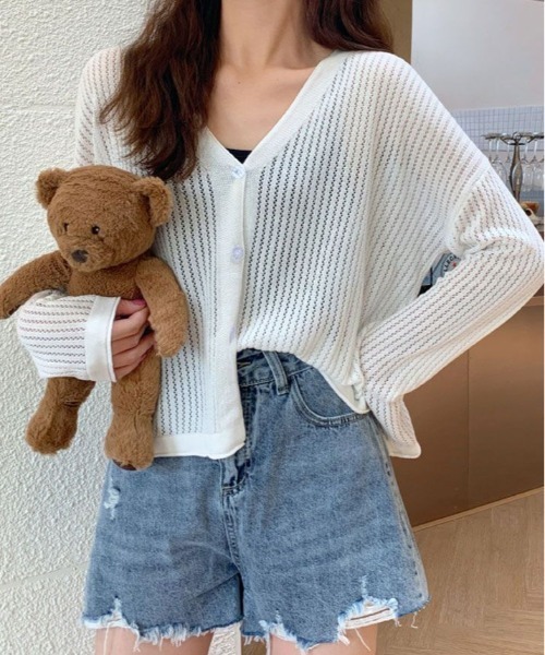 kirakiraShop(キラキラショップ)の「【夏の羽織りに】【着回し万能】メッシュ ニット ショート丈 カーディガン(カーディガン/ボレロ・レディース・ブラック/ブルー/オレンジ/パープル/ホワイト・FREE)」の15枚目の写真