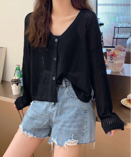 kirakiraShop(キラキラショップ)の「【夏の羽織りに】【着回し万能】メッシュ ニット ショート丈 カーディガン(カーディガン/ボレロ・レディース・ブラック/ブルー/オレンジ/パープル/ホワイト・FREE)」の18枚目の写真