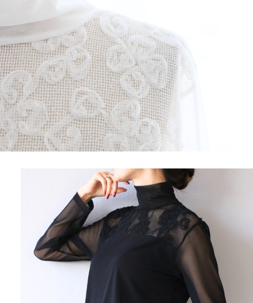 Vieo（ヴィオ）の「チュール花を添えるシアートップス（Tシャツ/カットソー・レディース・ホワイト/ブラック・FREE）」の13枚目の写真