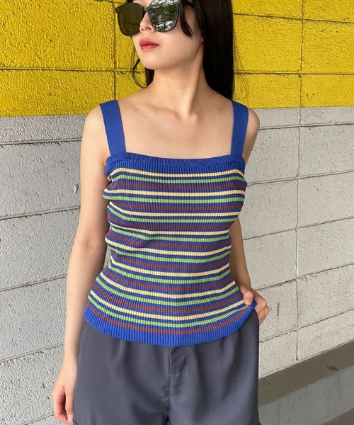 VIVID LADY(ビビッドレディー)の「キャミソールニット半袖 ボーダー柄 クロップドニット(ニット/セーター・レディース・パープル/ブルー/アイボリー・FREE)」の2枚目の写真