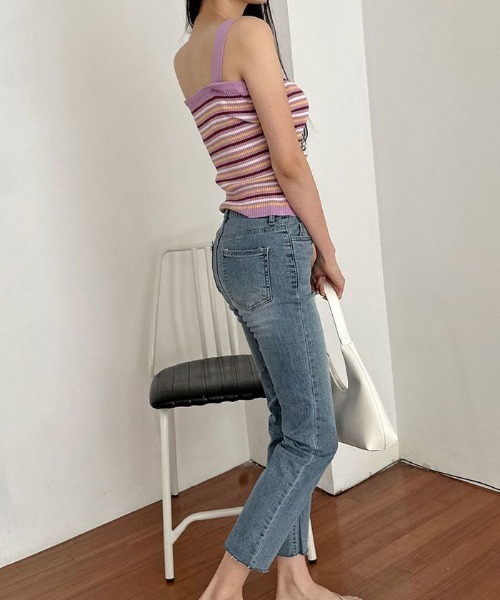 VIVID LADY(ビビッドレディー)の「キャミソールニット半袖 ボーダー柄 クロップドニット(ニット/セーター・レディース・パープル/ブルー/アイボリー・FREE)」の5枚目の写真