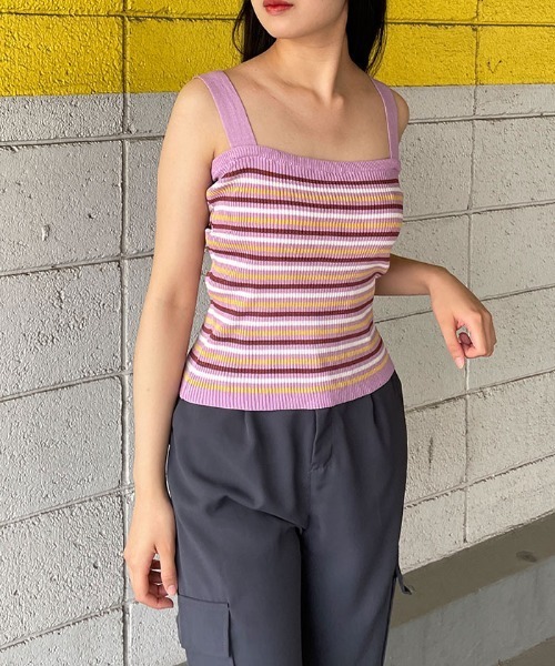 VIVID LADY(ビビッドレディー)の「キャミソールニット半袖 ボーダー柄 クロップドニット(ニット/セーター・レディース・パープル/ブルー/アイボリー・FREE)」の7枚目の写真
