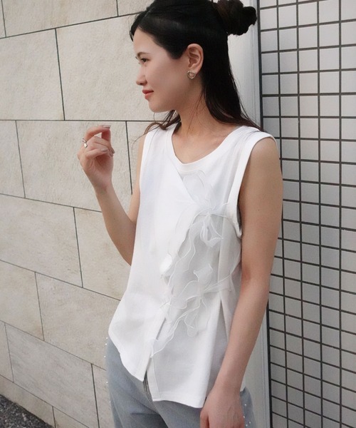 CORNERS（コーナーズ）の「オーガンジーリボンタンク（Tシャツ/カットソー・レディース・ブラック/グレイッシュベージュ/オフホワイト・M）」の4枚目の写真