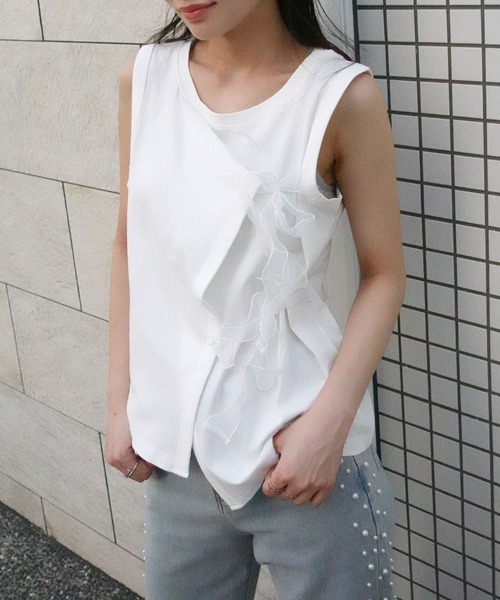 CORNERS（コーナーズ）の「オーガンジーリボンタンク（Tシャツ/カットソー・レディース・ブラック/グレイッシュベージュ/オフホワイト・M）」の6枚目の写真