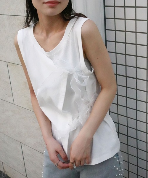 CORNERS（コーナーズ）の「オーガンジーリボンタンク（Tシャツ/カットソー・レディース・ブラック/グレイッシュベージュ/オフホワイト・M）」の7枚目の写真