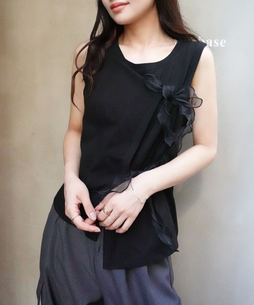 CORNERS（コーナーズ）の「オーガンジーリボンタンク（Tシャツ/カットソー・レディース・ブラック/グレイッシュベージュ/オフホワイト・M）」の15枚目の写真