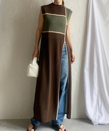 リネンタッチ配色バイカラーアート柄ノースリーブロング丈スリットニットワンピース