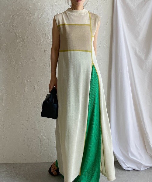 She's Closet(シーズクローゼット)の「リネンタッチ配色バイカラーアート柄ノースリーブロング丈スリットニットワンピース(ワンピース・レディース・アイボリー/ブラウン/ブラック/ベージュ・FREE)」の2枚目の写真