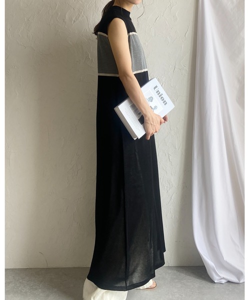 She's Closet(シーズクローゼット)の「リネンタッチ配色バイカラーアート柄ノースリーブロング丈スリットニットワンピース(ワンピース・レディース・アイボリー/ブラウン/ブラック/ベージュ・FREE)」の7枚目の写真