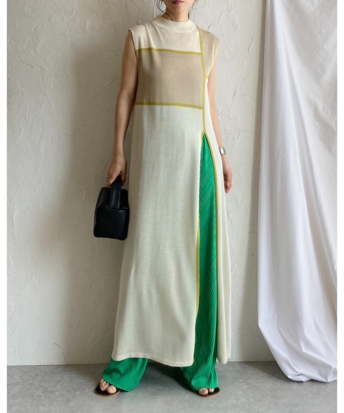 She's Closet(シーズクローゼット)の「リネンタッチ配色バイカラーアート柄ノースリーブロング丈スリットニットワンピース(ワンピース・レディース・アイボリー/ブラウン/ブラック/ベージュ・FREE)」の9枚目の写真
