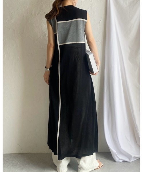 She's Closet(シーズクローゼット)の「リネンタッチ配色バイカラーアート柄ノースリーブロング丈スリットニットワンピース(ワンピース・レディース・アイボリー/ブラウン/ブラック/ベージュ・FREE)」の15枚目の写真