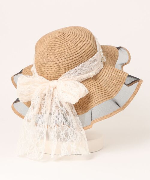 STYLEBLOCK(スタイルブロック)の「パール&レースリボン付きつば広ストローハット(ハット・レディース・ホワイト/ピンク/ベージュ/ネイビー/カーキ・FREE)」の6枚目の写真