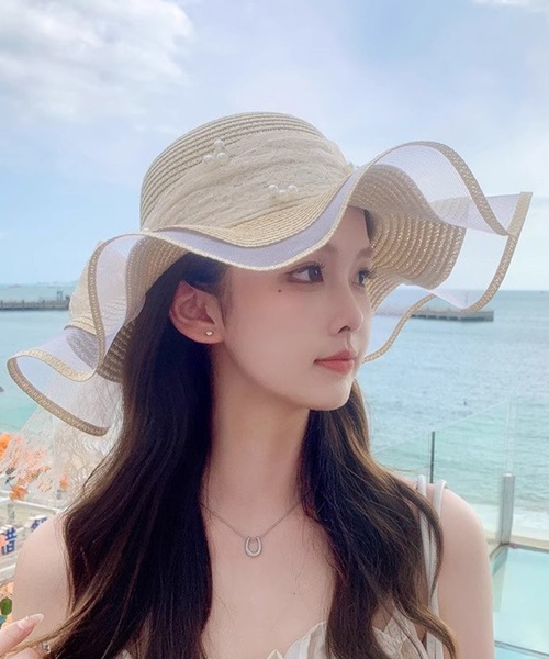 STYLEBLOCK(スタイルブロック)の「パール&レースリボン付きつば広ストローハット(ハット・レディース・ホワイト/ピンク/ベージュ/ネイビー/カーキ・FREE)」の3枚目の写真