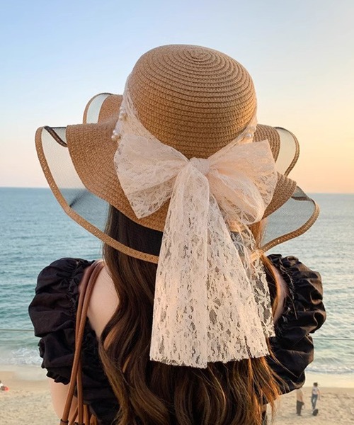 STYLEBLOCK(スタイルブロック)の「パール&レースリボン付きつば広ストローハット(ハット・レディース・ホワイト/ピンク/ベージュ/ネイビー/カーキ・FREE)」の4枚目の写真