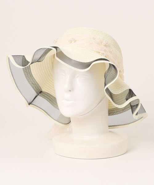 STYLEBLOCK(スタイルブロック)の「パール&レースリボン付きつば広ストローハット(ハット・レディース・ホワイト/ピンク/ベージュ/ネイビー/カーキ・FREE)」の7枚目の写真