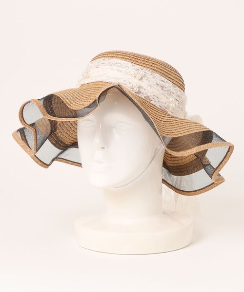 STYLEBLOCK(スタイルブロック)の「パール&レースリボン付きつば広ストローハット(ハット・レディース・ホワイト/ピンク/ベージュ/ネイビー/カーキ・FREE)」の9枚目の写真