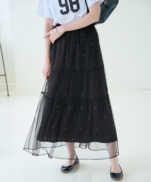 ROPE' PICNIC(ロペピクニック)の「パール付きチュールティアードスカート(スカート・レディース・ブラック/オフホワイト・38)」の2枚目の写真