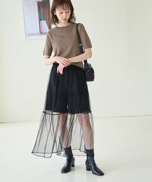 ROPE' PICNIC(ロペピクニック)の「パール付きチュールティアードスカート(スカート・レディース・ブラック/オフホワイト・38)」の5枚目の写真