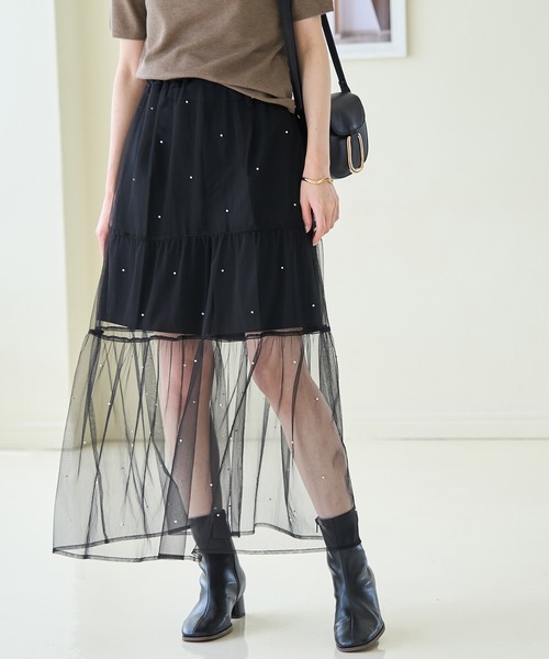 ROPE' PICNIC(ロペピクニック)の「パール付きチュールティアードスカート(スカート・レディース・ブラック/オフホワイト・38)」の9枚目の写真
