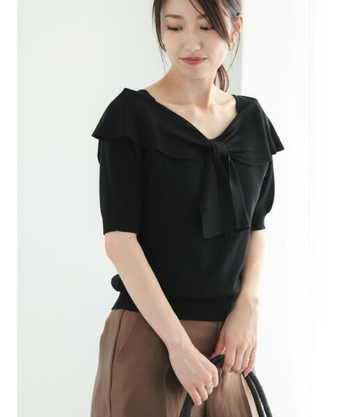 Te chichi(テチチ)の「フロントリボンオフショルライクニット(ニット/セーター・レディース・チャコールグレー/ブラック/モカ・F)」の2枚目の写真