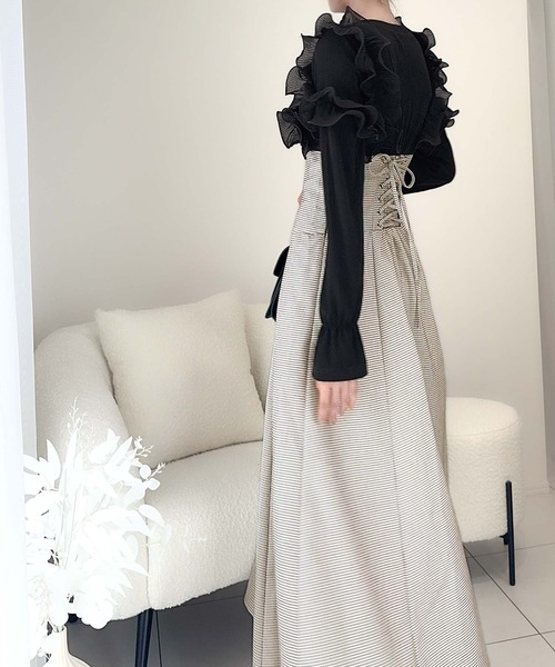 クラシカルエルフ（Classical Elf）/【mily bilet】華やかさと上品さ。プリーツフリル使いリブカットソードッキングコルセットワンピ セール】【mily bilet】華やかさと上品さを纏うプリーツフリル使いリブ