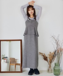 mysty woman グレー レース装飾 長袖ワンピース mysty woman（ミスティウーマン）の「ドッキングレースアップ
