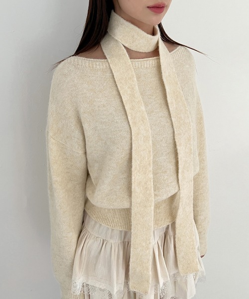 セール】ルーズボートネックニット+スカーフSET（ニット/セーター