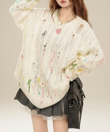 【HOOK】for girls ペイントプリントケーブル編みダメージニット (AW)