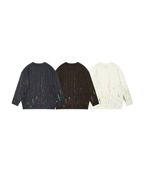 HOOK(フック)の「【HOOK】for girls ペイントプリントケーブル編みダメージニット (AW)(ニット/セーター・レディース・ブラウン/ダークグレー/ベージュ・XL/M/L)」の4枚目の写真
