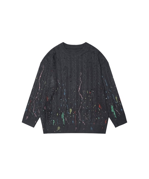 HOOK(フック)の「【HOOK】for girls ペイントプリントケーブル編みダメージニット (AW)(ニット/セーター・レディース・ブラウン/ダークグレー/ベージュ・XL/M/L)」の5枚目の写真