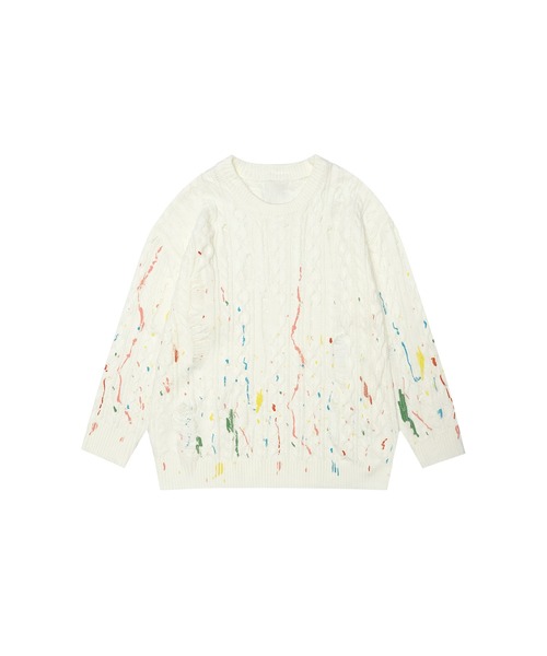 HOOK(フック)の「【HOOK】for girls ペイントプリントケーブル編みダメージニット (AW)(ニット/セーター・レディース・ブラウン/ダークグレー/ベージュ・XL/M/L)」の7枚目の写真
