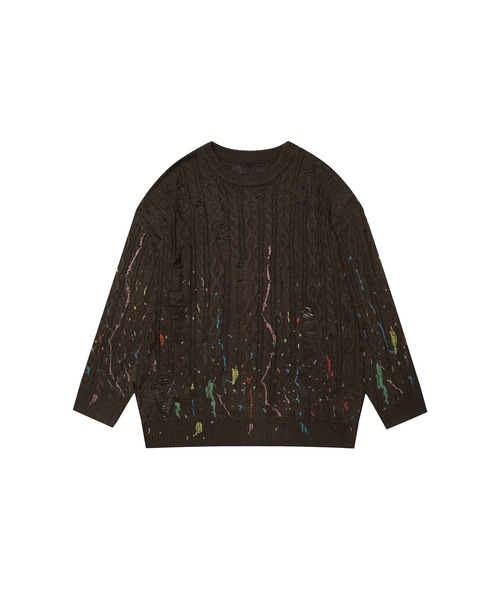 HOOK(フック)の「【HOOK】for girls ペイントプリントケーブル編みダメージニット (AW)(ニット/セーター・レディース・ブラウン/ダークグレー/ベージュ・XL/M/L)」の9枚目の写真