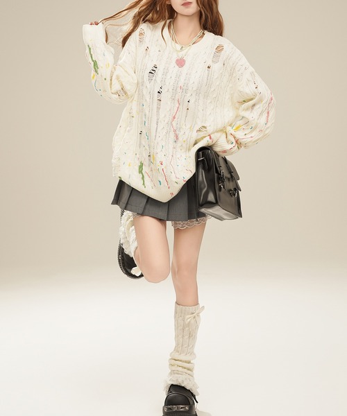 HOOK(フック)の「【HOOK】for girls ペイントプリントケーブル編みダメージニット (AW)(ニット/セーター・レディース・ブラウン/ダークグレー/ベージュ・XL/M/L)」の20枚目の写真