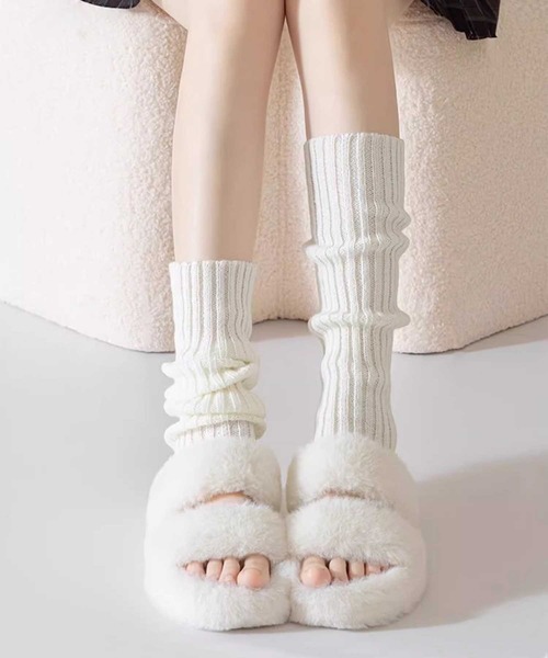 ホワイトリブ編みレッグウォーマー　2足 セール】【HOOK】for girls リブ編み無地レッグウォーマー (AW