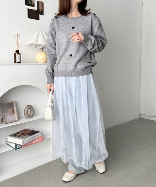 ちーず　Cニット　グレー セール】ランダムハートクルーネックニットトップス（ニット/セーター