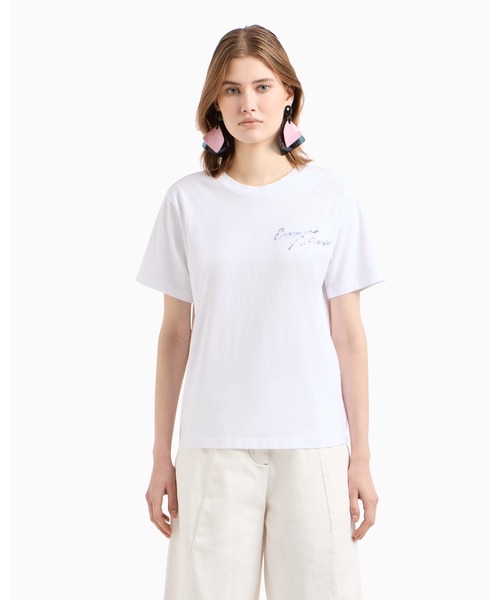 EMPORIO ARMANI（エンポリオアルマーニ）の「【エンポリオ アルマーニ】Tシャツ ジャージー マルチカラーロゴ刺繍（Tシャツ/カットソー・レディース・ホワイト/ネイビー・LARGE/MEDIUM/SMALL/X-SMALL）」の5枚目の写真