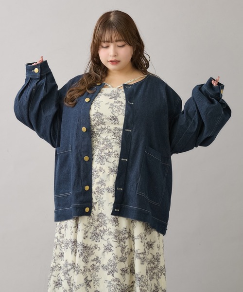 大きいサイズ】つけ襟+ノーカラーデニムジャケット（ノーカラー