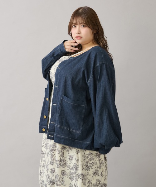 Louiosy（ルオシー）の「【大きいサイズ】つけ襟+ノーカラーデニムジャケット（ノーカラージャケット・レディース・インディゴブルー/ホワイト系その他・LL/3L/4L）」の9枚目の写真