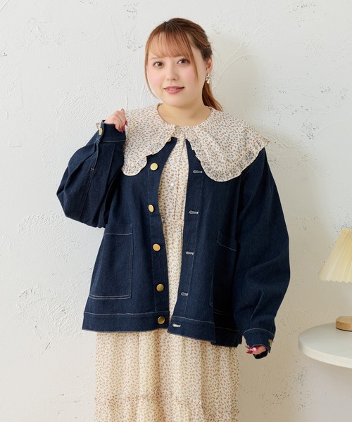 大きいサイズ】つけ襟+ノーカラーデニムジャケット（ノーカラー