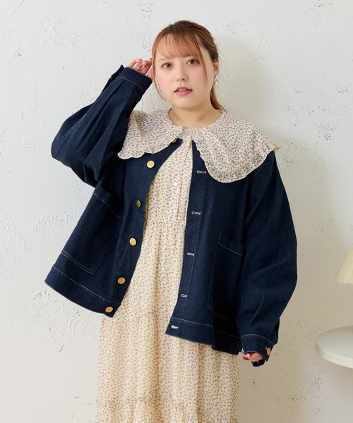Louiosy（ルオシー）の「【大きいサイズ】つけ襟+ノーカラーデニムジャケット（ノーカラージャケット・レディース・インディゴブルー/ホワイト系その他・LL/3L/4L）」の20枚目の写真